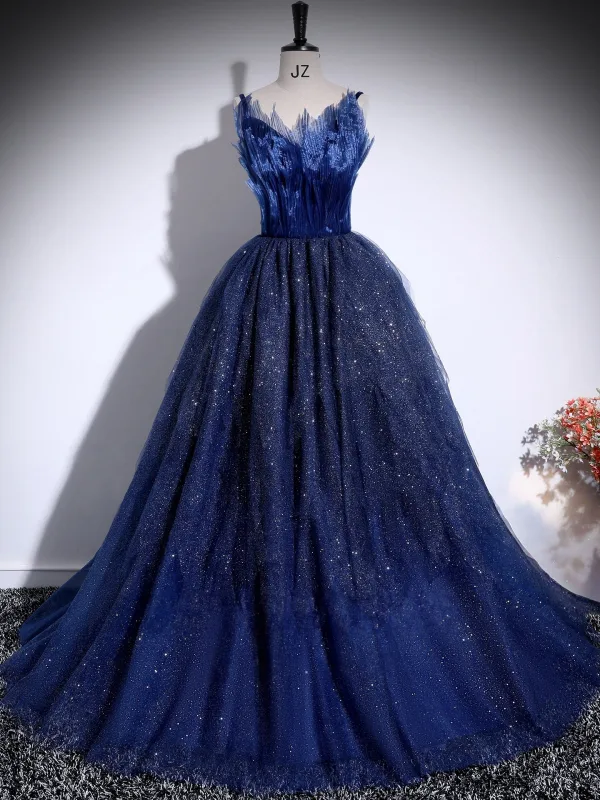 Vintage / Retro Sequins Navy Blue Prom Dresses 2025 Ball Gown Spaghetti Straps Sleeveless Backless Floor-Length / Long Formal Dresses