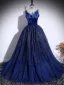 Vintage / Retro Sequins Navy Blue Prom Dresses 2025 Ball Gown Spaghetti Straps Sleeveless Backless Floor-Length / Long Formal Dresses