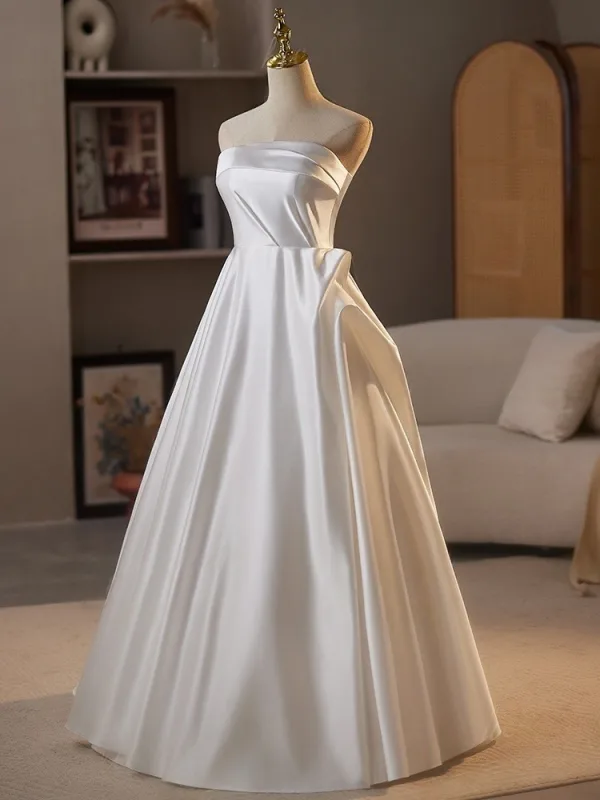 Vintage / Retro White Satin Wedding Dresses 2025 A-Line / Princess Strapless Sleeveless Backless Floor-Length / Long
