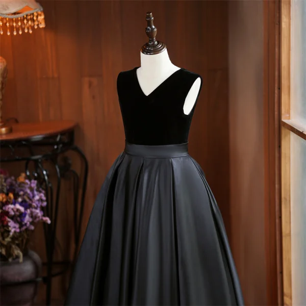 Chic / Beautiful Black Birthday Flower Girl Dresses 2024 A-Line / Princess V-Neck Sleeveless Backless Floor-Length / Long