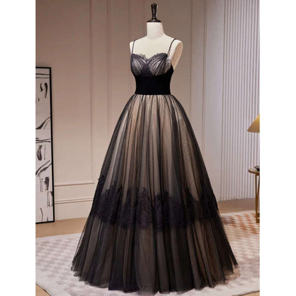 Charming Black Lace Prom Dresses 2023 A-Line / Princess Spaghetti Straps Sleeveless Backless Floor-Length / Long Prom Formal Dresses