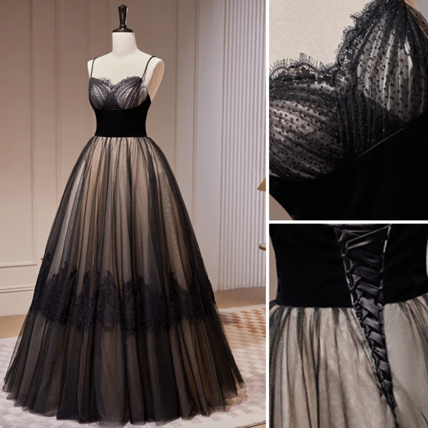 Charming Black Lace Prom Dresses 2023 A-Line / Princess Spaghetti Straps Sleeveless Backless Floor-Length / Long Prom Formal Dresses