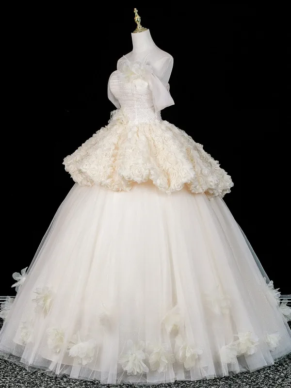 Zauberhaft Champagner Applikationen Spitze Blumen Ballkleider 2026 Ballkleid Off Shoulder Ärmellos Rückenfreies Lange Festliche Kleider