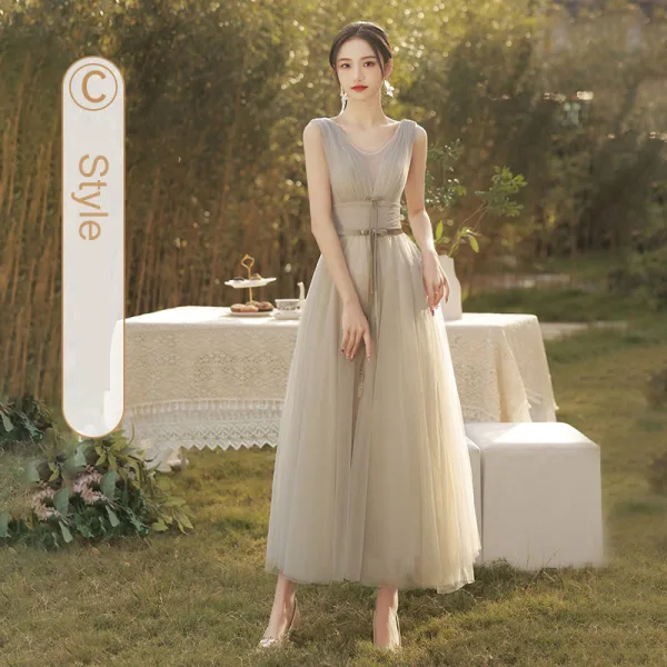 Modest / Simple Grey Bridesmaid Dresses 2022 A-Line / Princess Short Sleeve Backless Floor-Length / Long Bridesmaid