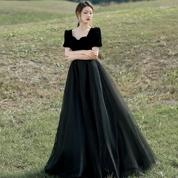 Elegant Black Prom Dresses 2022 A-Line / Princess Square Neckline Short Sleeve Backless Floor-Length / Long Formal Dresses