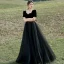 Elegant Black Prom Dresses 2022 A-Line / Princess Square Neckline Short Sleeve Backless Floor-Length / Long Formal Dresses