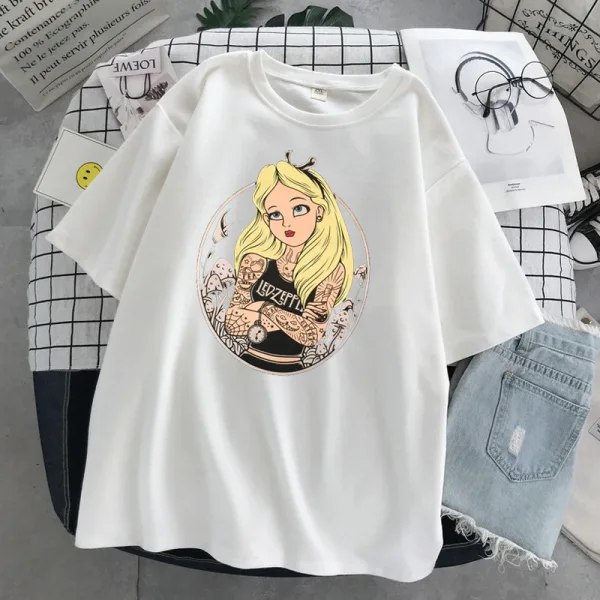 Fashion Loose Women T-Shirts 2021 White Cartoon Scoop Neck Street Wear Tops Casual Summer 1/2 Sleeves Comfortable Tee