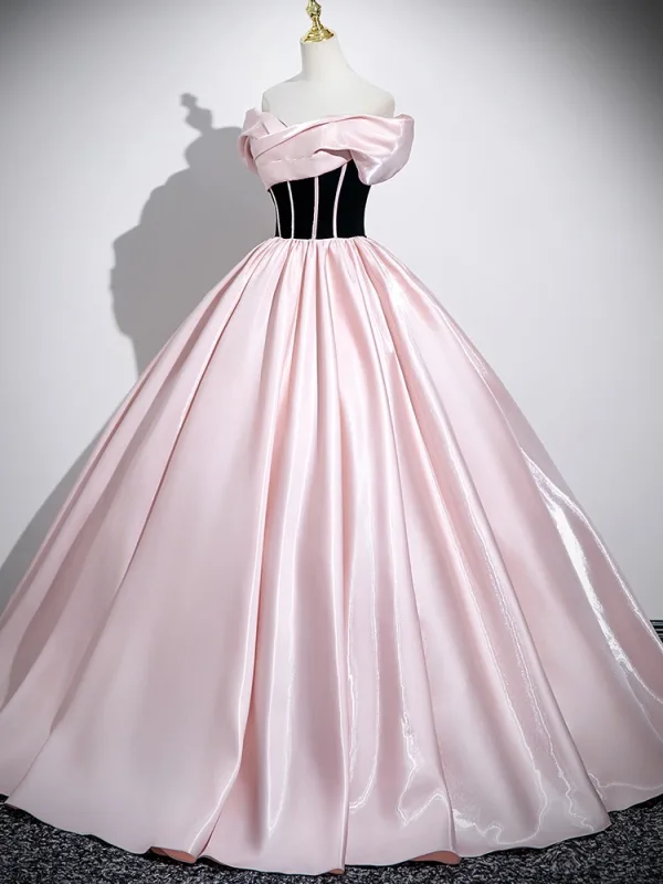 Chic / Beautiful Blushing Pink Prom Dresses 2025 Ball Gown Off-The-Shoulder Short Sleeve Backless Floor-Length / Long Prom Formal Dresses