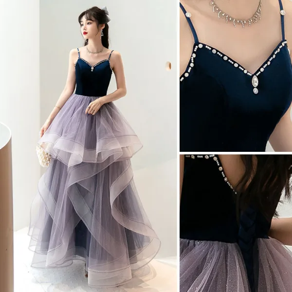 Fashion Navy Blue Cascading Ruffles Prom Dresses 2022 Ball Gown Spaghetti Straps Sleeveless Backless Floor-Length / Long Formal Dresses