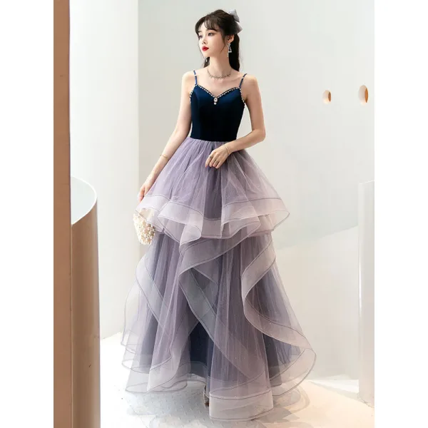 Fashion Navy Blue Cascading Ruffles Prom Dresses 2022 Ball Gown Spaghetti Straps Sleeveless Backless Floor-Length / Long Formal Dresses