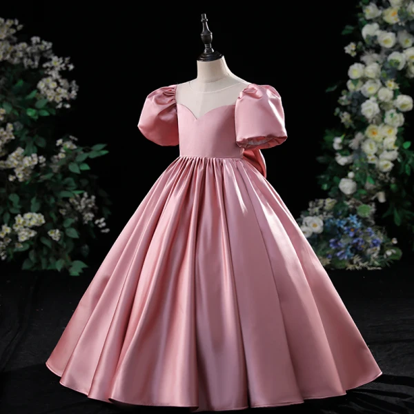 Chic / Beautiful Candy Pink Birthday Flower Girl Dresses 2022 A-Line / Princess Scoop Neck Puffy Short Sleeve Backless Bow Floor-Length / Long Flower Girl Dresses