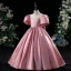 Chic / Beautiful Candy Pink Birthday Flower Girl Dresses 2022 A-Line / Princess Scoop Neck Puffy Short Sleeve Backless Bow Floor-Length / Long Flower Girl Dresses