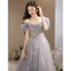 Chic / Beautiful Sky Blue Glitter Beading Appliques Prom Dresses 2023 A-Line / Princess Off-The-Shoulder Short Sleeve Backless Floor-Length / Long Prom Formal Dresses
