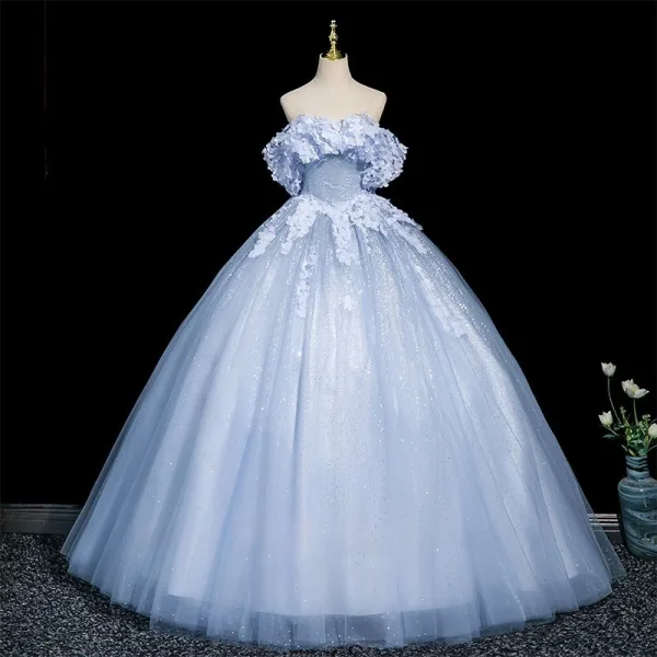 Chic / Beautiful Sky Blue Appliques Prom Dresses A-Line / Princess 2025 Off-The-Shoulder Short Sleeve Backless Floor-Length / Long Formal Dresses