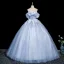 Chic / Beautiful Sky Blue Appliques Prom Dresses A-Line / Princess 2025 Off-The-Shoulder Short Sleeve Backless Floor-Length / Long Formal Dresses