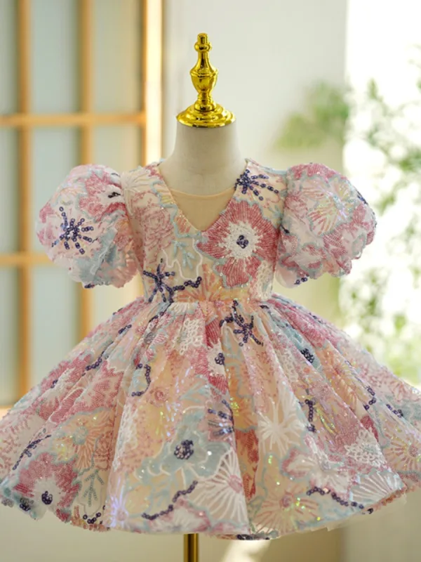 Chic / Beautiful Multi-Colors Sequins Short Birthday Flower Girl Dresses 2023 Ball Gown V-Neck Puffy Short Sleeve