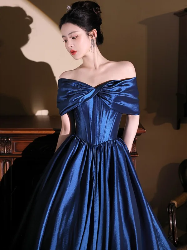 Vintage / Retro Royal Blue Prom Dresses 2025 Ball Gown Off-The-Shoulder Short Sleeve Backless Floor-Length / Long Prom Formal Dresses