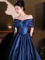 Vintage / Retro Royal Blue Prom Dresses 2025 Ball Gown Off-The-Shoulder Short Sleeve Backless Floor-Length / Long Prom Formal Dresses