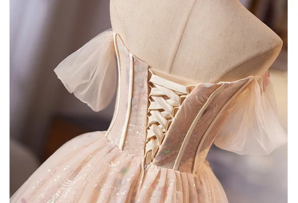 Flower Fairy Champagne Beading Sequins Pearl Lace Flower Homecoming Graduation Dresses 2025 Ball Gown Off-The-Shoulder Short Sleeve Backless Knee-Length Formal Dresses