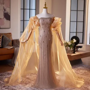 Sexy Champagne Faux Diamant Robe De Soirée 2025 Trompette Sirène Bustier Sans Manches Dos Nu Longue Soirée Robe De Ceremonie