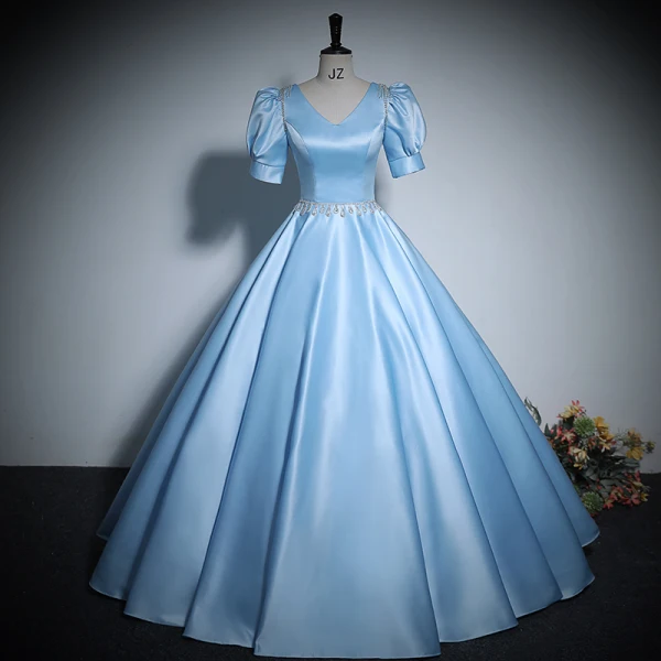 Vintage / Retro Black Rhinestone Satin Prom Dresses 2024 Ball Gown V-Neck Short Sleeve Backless Floor-Length / Long Prom Formal Dresses