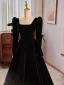 Audrey Hepburn Style Black Velvet Prom Dresses 2024 A-Line / Princess Square Neckline Long Sleeve Backless Floor-Length / Long Prom Formal Dresses