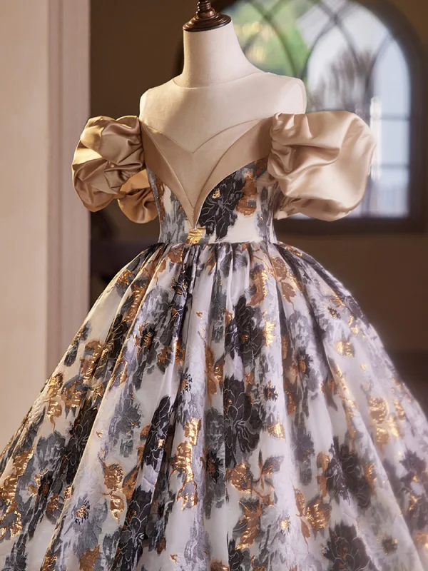 Chic / Beautiful Black Gold Printing Birthday Flower Girl Dresses 2024 Ball Gown Scoop Neck Short Sleeve Backless Floor-Length / Long