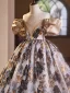 Chic / Beautiful Black Gold Printing Birthday Flower Girl Dresses 2024 Ball Gown Scoop Neck Short Sleeve Backless Floor-Length / Long
