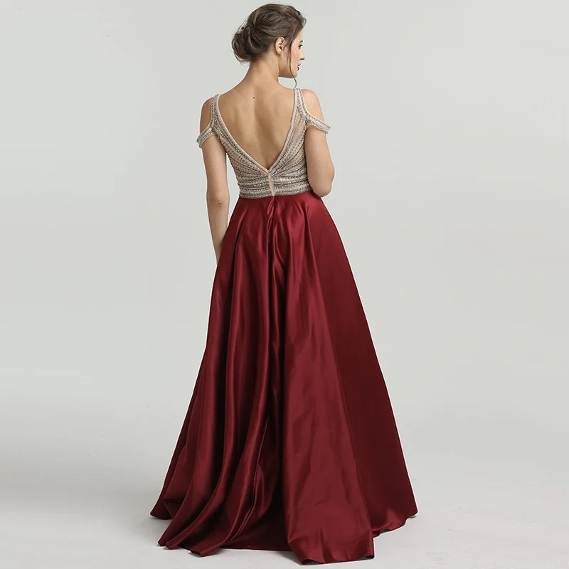 Luxury Gorgeous Evening Dresses 2018 A Line Princess Crystal Beading  Rhinestone V Neck Strapless Backless Sleeveless Sweep Train Formal Dresses