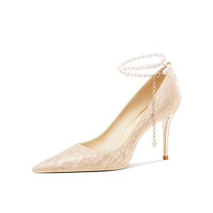 Charmant Doré Paillettes Perle Bride Cheville Chaussure De Mariée 2023 Cuir 8 Cm Talons Aiguilles À Bout Pointu Mariage Escarpins Talons Hauts