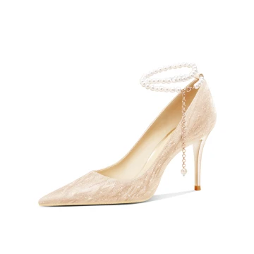 Charmant Doré Paillettes Perle Bride Cheville Chaussure De Mariée 2023 Cuir 8 Cm Talons Aiguilles À Bout Pointu Mariage Escarpins Talons Hauts