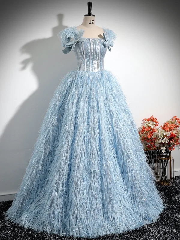 Fashion Sky Blue Bow Tassel Prom Dresses 2024 Ball Gown Square Neckline Short Sleeve Backless Floor-Length / Long Prom Formal Dresses