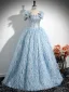 Fashion Sky Blue Bow Tassel Prom Dresses 2024 Ball Gown Square Neckline Short Sleeve Backless Floor-Length / Long Prom Formal Dresses