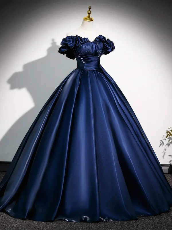 Vintage / Retro Navy Blue Satin Prom Dresses 2025 Ball Gown Off-The-Shoulder Short Sleeve Backless Floor-Length / Long Formal Dresses
