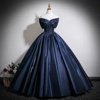 Vintage Retro Navy Blue Satin Prom Dresses 2025 Ball Gown Bow Strapless Sleeveless Backless Floor Length Long Formal Dresses