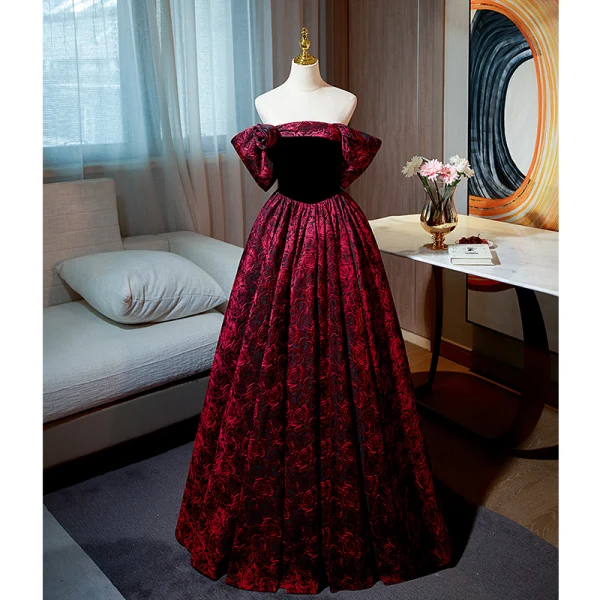 Vintage / Retro Burgundy Printing Prom Dresses 2022 A-Line / Princess Off-The-Shoulder Puffy Short Sleeve Backless Floor-Length / Long Formal Dresses