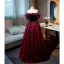 Vintage / Retro Burgundy Printing Prom Dresses 2022 A-Line / Princess Off-The-Shoulder Puffy Short Sleeve Backless Floor-Length / Long Formal Dresses