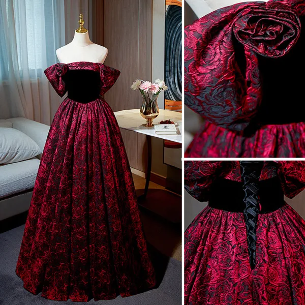 Vintage / Retro Burgundy Printing Prom Dresses 2022 A-Line / Princess Off-The-Shoulder Puffy Short Sleeve Backless Floor-Length / Long Formal Dresses