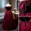 Vintage / Retro Burgundy Printing Prom Dresses 2022 A-Line / Princess Off-The-Shoulder Puffy Short Sleeve Backless Floor-Length / Long Formal Dresses