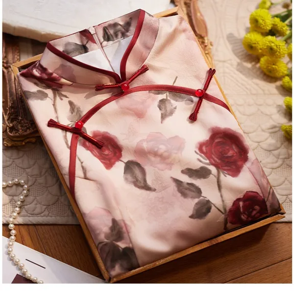 Vintage / Retro Chinese style Blushing Pink Printing Evening Party Cheongsam 2025 Trumpet / Mermaid High Neck Short Sleeve Floor-Length / Long