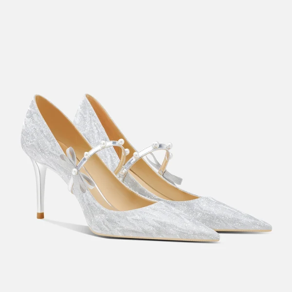 Charmant Argenté Paillettes Perle Noeud Chaussure De Mariée 2023 Cuir 6 cm Talons Aiguilles À Bout Pointu Mariage Escarpins Talons Hauts