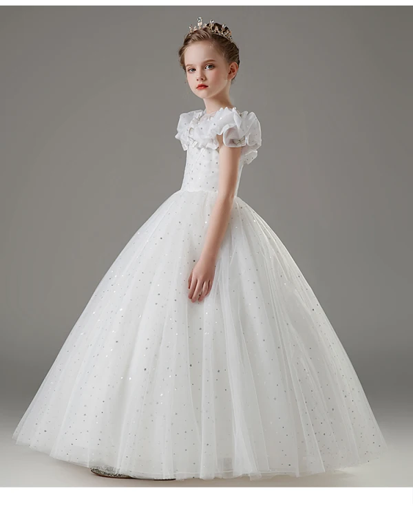 Fashion White Star Sequins Lace Butterfly Wedding Flower Girl Dresses 2023 Ball Gown Scoop Neck Short Sleeve Floor-Length / Long