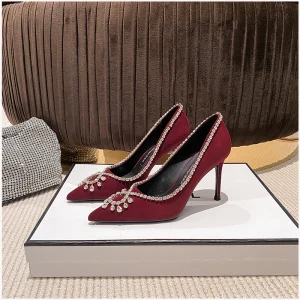 Fashion Burgundy Evening Party Rhinestone Pumps 2023 Leather Suede 8 Cm Stiletto Heels Pointed Toe Pumps High Heels