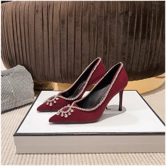Mote Burgunder Aften Rhinestone Pumps 2023 Lær Suede 8 Cm Stiletthæler Spisse Pumps Høyhælte