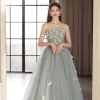 Chic / Beautiful Grey Appliques Prom Dresses 2024 A-Line / Princess Strapless Sleeveless Backless Floor-Length / Long Prom Formal Dresses