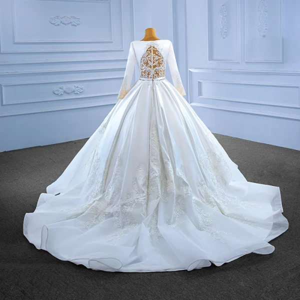 High-end White Satin Wedding Dresses 2022 Ball Gown Scoop Neck Long Sleeve Beading Lace Flower Sash Chapel Train Wedding