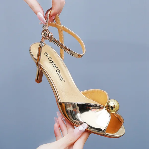 Sexy Gold Evening Party Womens Sandals 2024 Ankle Strap 6 cm Stiletto Heels Open / Peep Toe Sandals High Heels