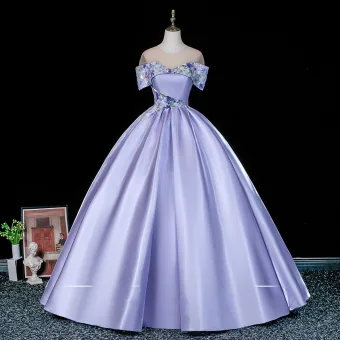 Élégant Lavande Perlage Paillettes Satin Robe De Bal 2026 Robe Boule De L Épaule Manches Courtes Dos Nu