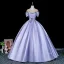 Elegant Lavender Beading Sequins Satin Prom Dresses 2026 Ball Gown Off-The-Shoulder Short Sleeve Backless