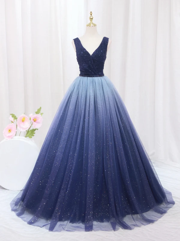 Vintage / Retro Navy Blue Beading Sequins Prom Dresses 2024 Ball Gown V-Neck Sleeveless Backless Floor-Length / Long Prom Formal Dresses